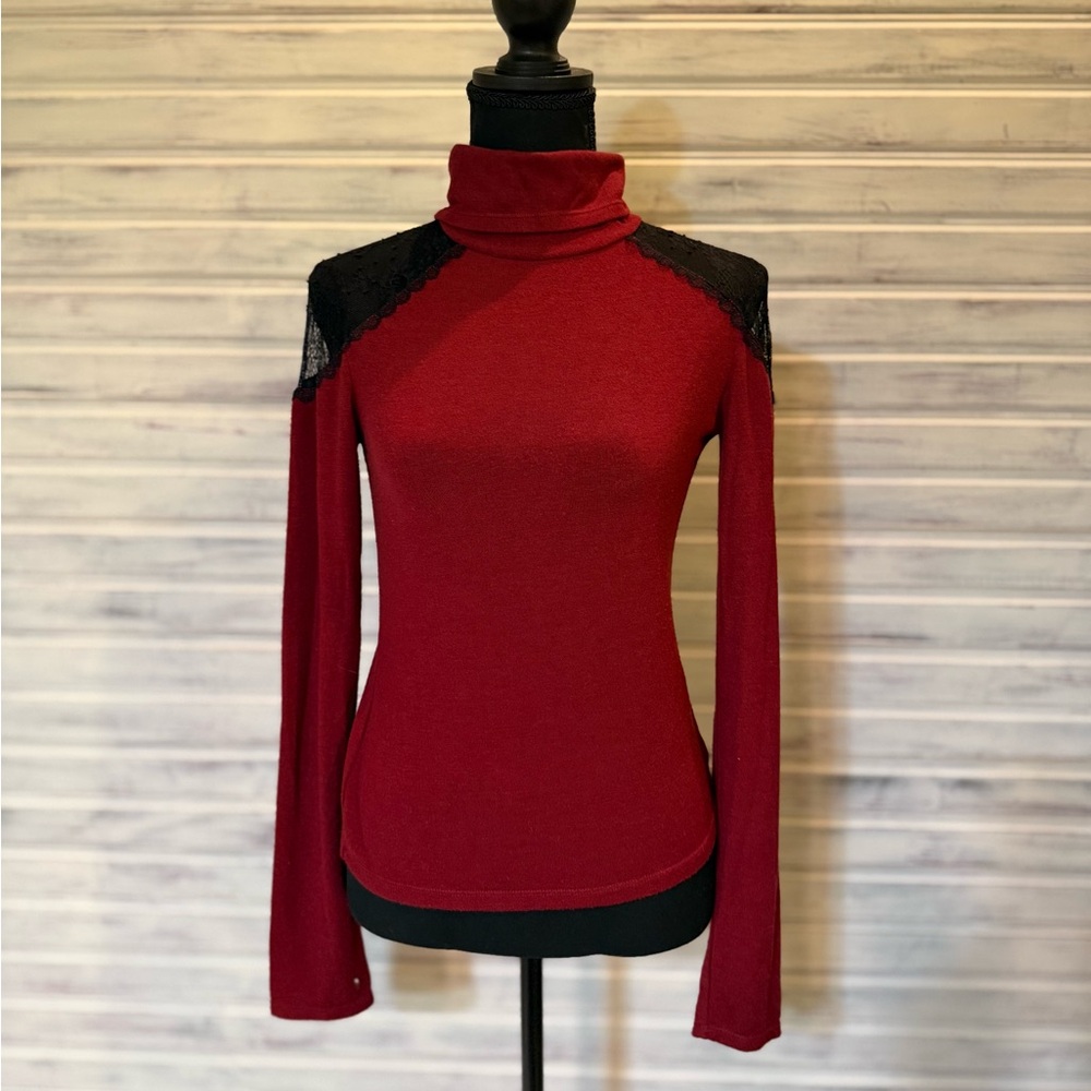 Alice + Olivia Burgundy Turtleneck with Black Lace